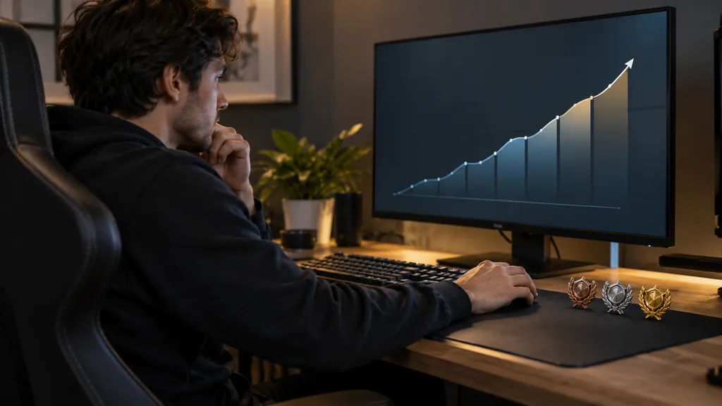 Gaming analytics workstation illustrating R6 Rank Tracker - Track Your Siege Rank and Ranked Progress