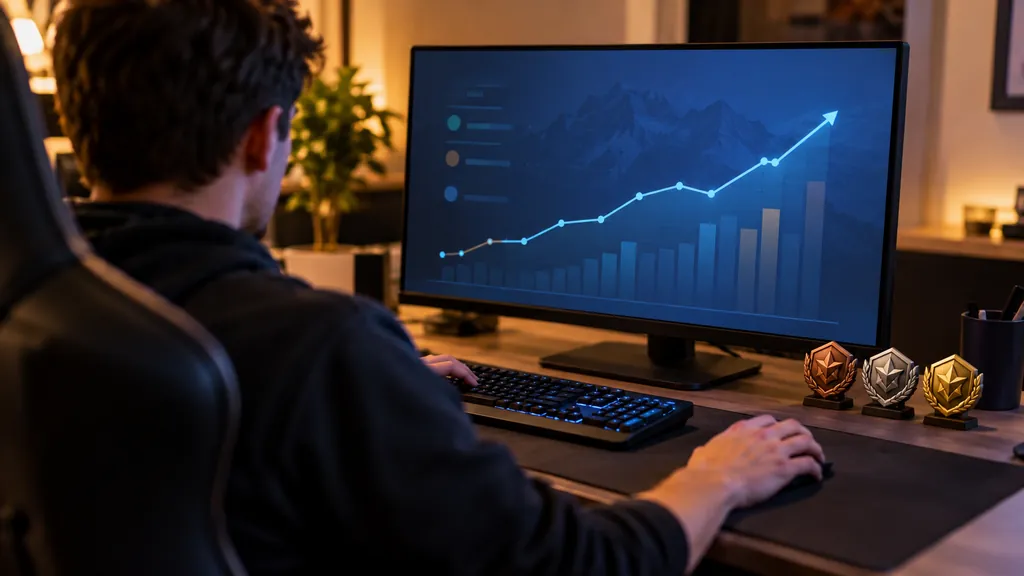 Gaming analytics workstation illustrating R6 Stats Tracker - Check Player Rank KD Wins and Performance