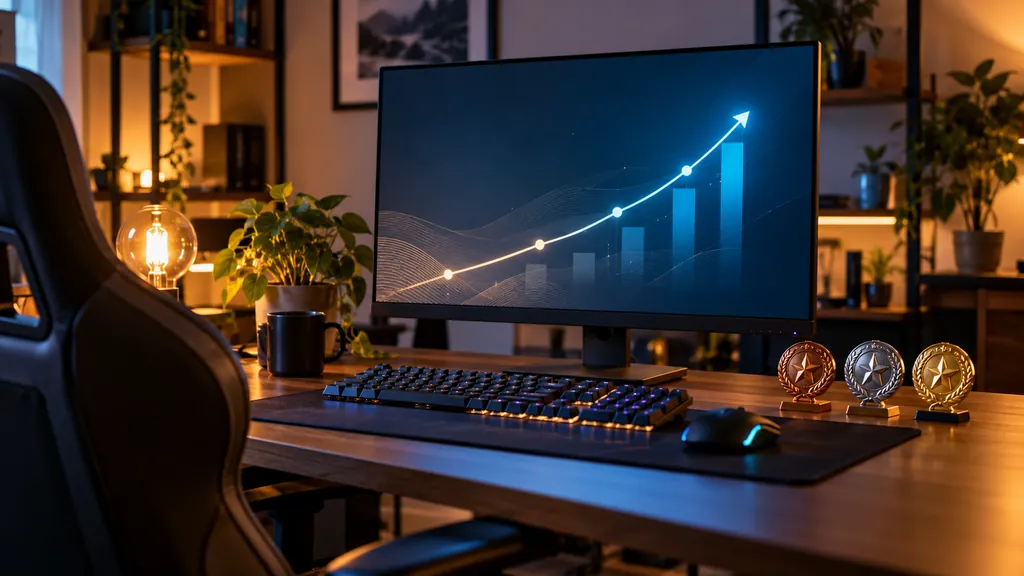 Gaming analytics workstation illustrating R6 Stats Tracker - Check Player Rank KD Wins and Performance