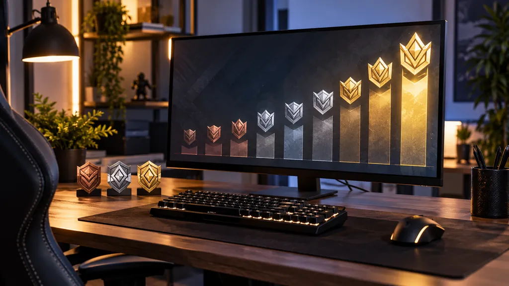Gaming analytics workstation illustrating Rainbow Six Siege Ranks - Complete Ranking System and Tier Guide