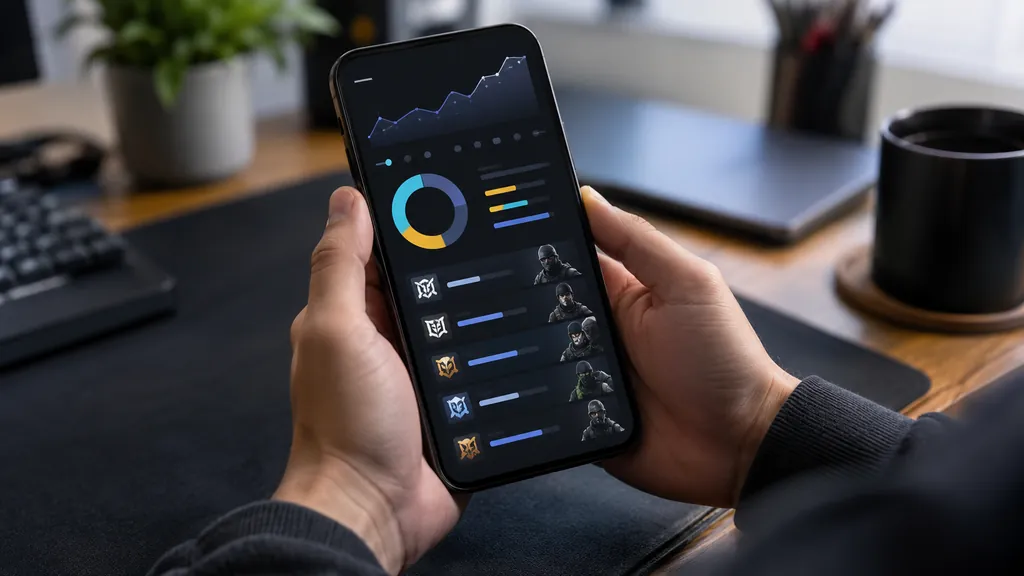 Mobile gaming statistics on a smartphone illustrating Siege Tracker App - Track Rainbow Six Siege Stats Anywhere