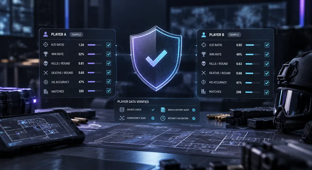Data accuracy checks graphic showing R6 stats inputs being verified against the in-game career screen