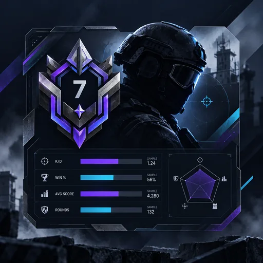 Example player stat card labelled as sample data with rank, K/D and win rate