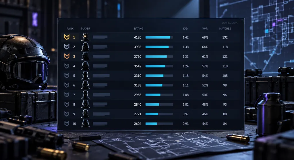 Example R6 leaderboards rankings table with sample players sorted by Rank Points, not live data