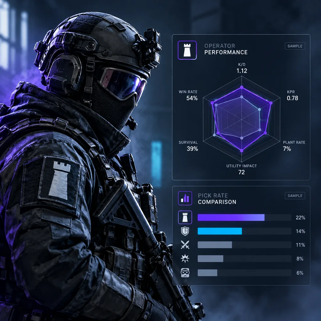 Operator performance radar chart showing round win rate, K/D and kills per round