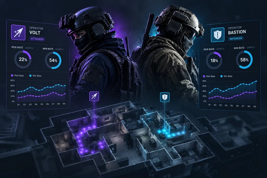 Operator stats radar hero graphic comparing kills, deaths and win rate for Rainbow Six Siege operators