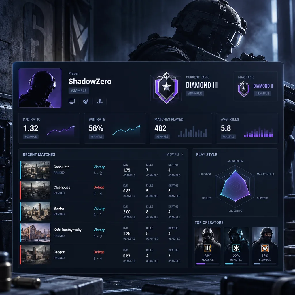 Player profile overview graphic summarising Rainbow Six Siege player stats for a ranked season