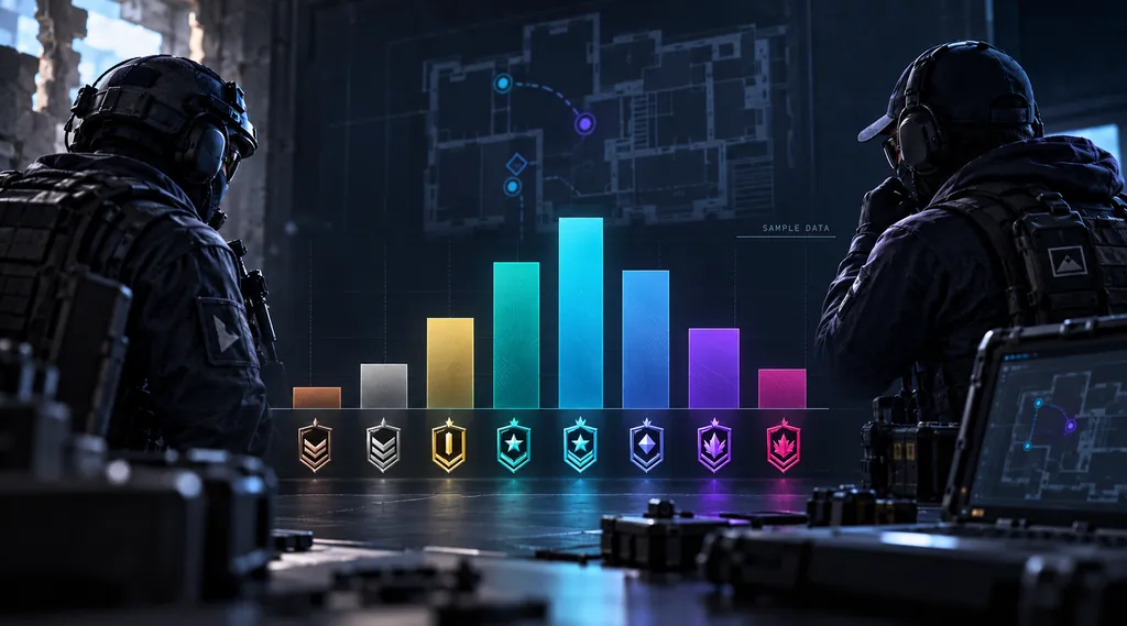 Rank distribution chart showing players spread across Rainbow Six Siege tiers from Copper to Champion