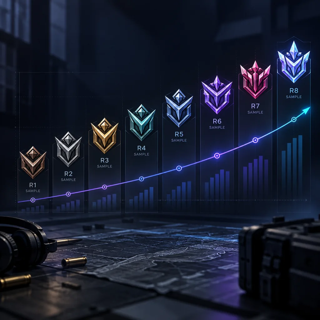 Rank progression ladder graphic showing Rainbow Six Siege ranks climbing from Copper to Champion