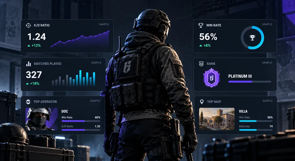Metric tiles summarising key R6 statistics such as K/D, win rate and sample size